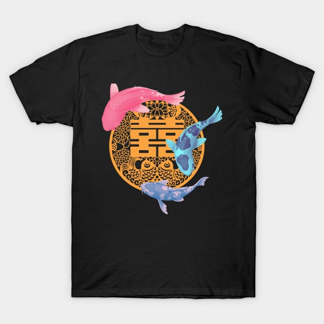 Double Happiness Koi Fish Blush Pink with Orange Symbol - Hong Kong Retro T-Shirt by CRAFTY BITCH